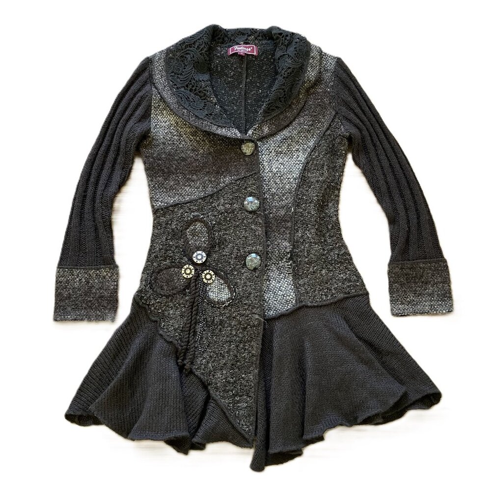 Feelings Patchwork Knit Cardigan Sweater Brown Mohair Wool Blend Vintage Y2K